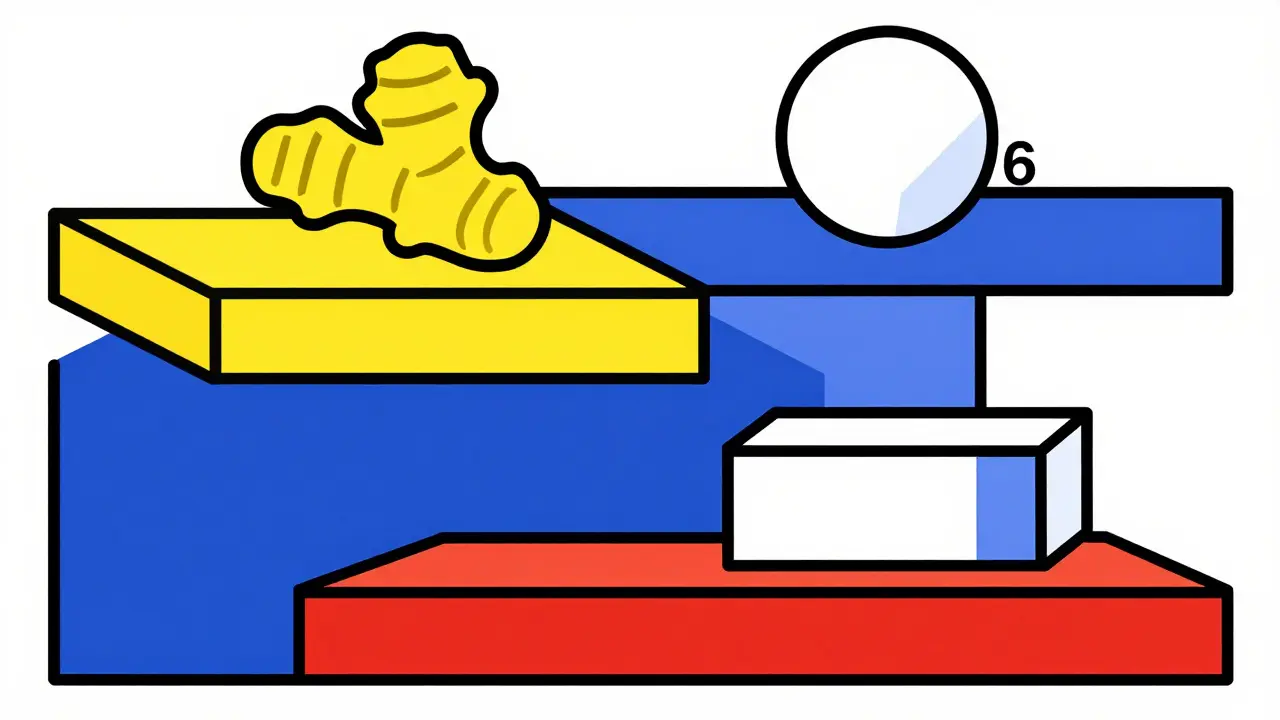 Geometric Bauhaus diagram showing the progression from natural ginger to pharmaceutical nausea relief.
