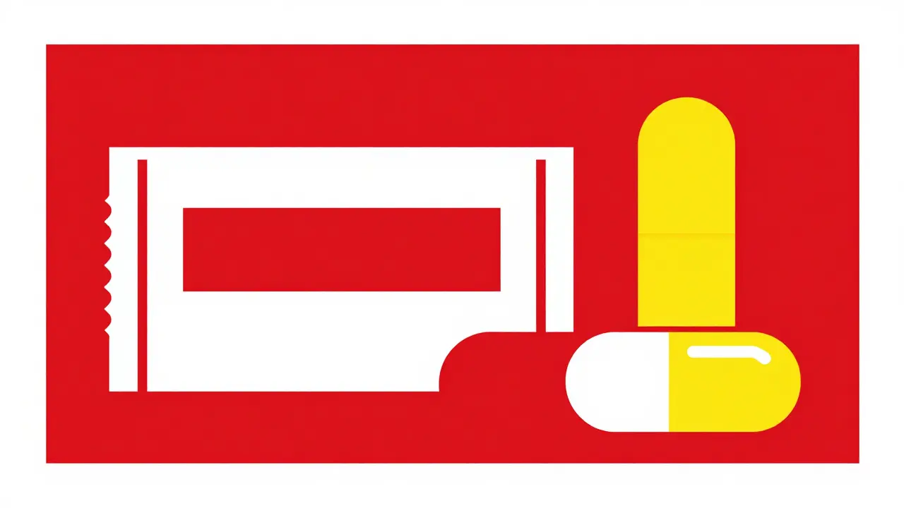 Geometric Bauhaus illustration of a medication package and a capsule.