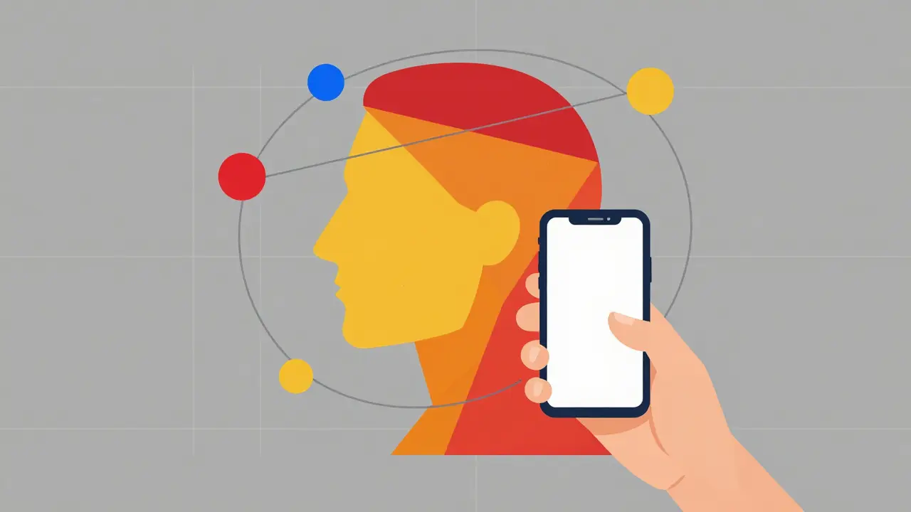 Geometric Bauhaus illustration of a person using a smartphone for a digital medical consultation.