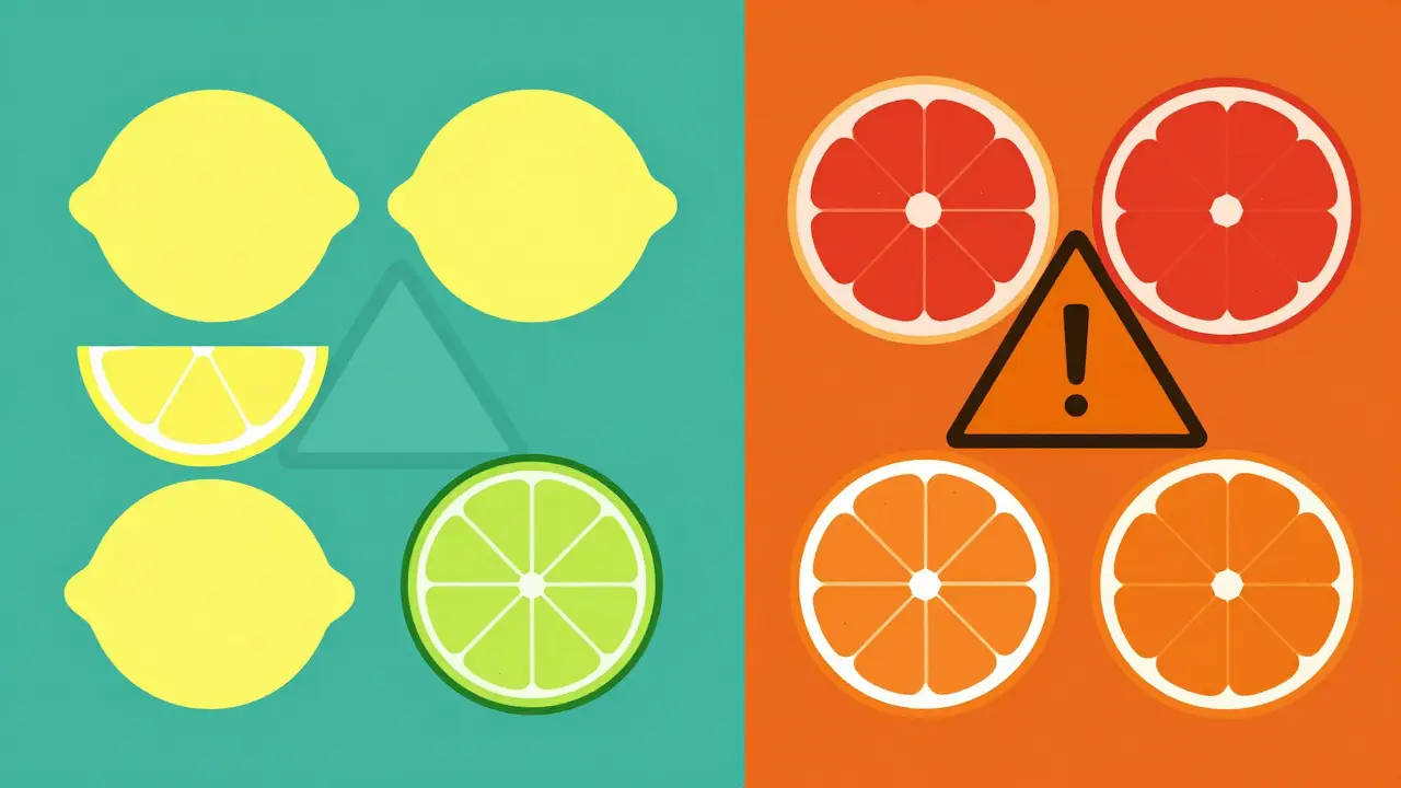 Green and red fruits divided by color indicating safety