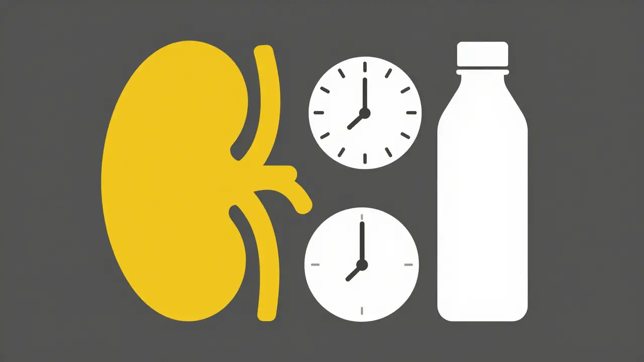 Minimalist Bauhaus design showing a stylized kidney, a clock, and a water bottle.