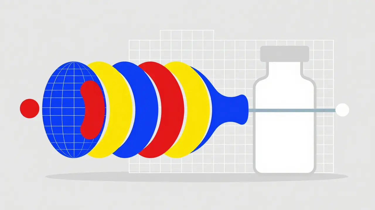 Modernist Bauhaus graphic depicting a biological cell and a medicine vial in a geometric grid.
