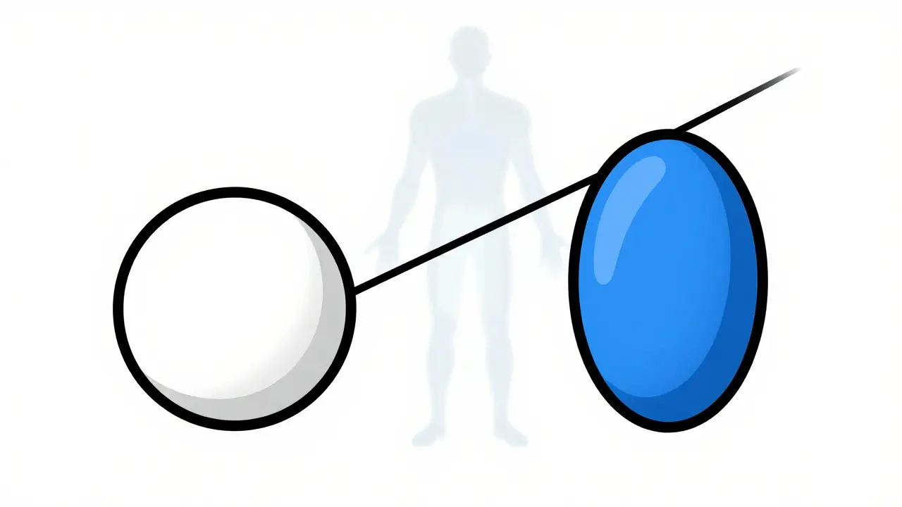 Abstract Bauhaus art showing two different pills having the same biological effect.