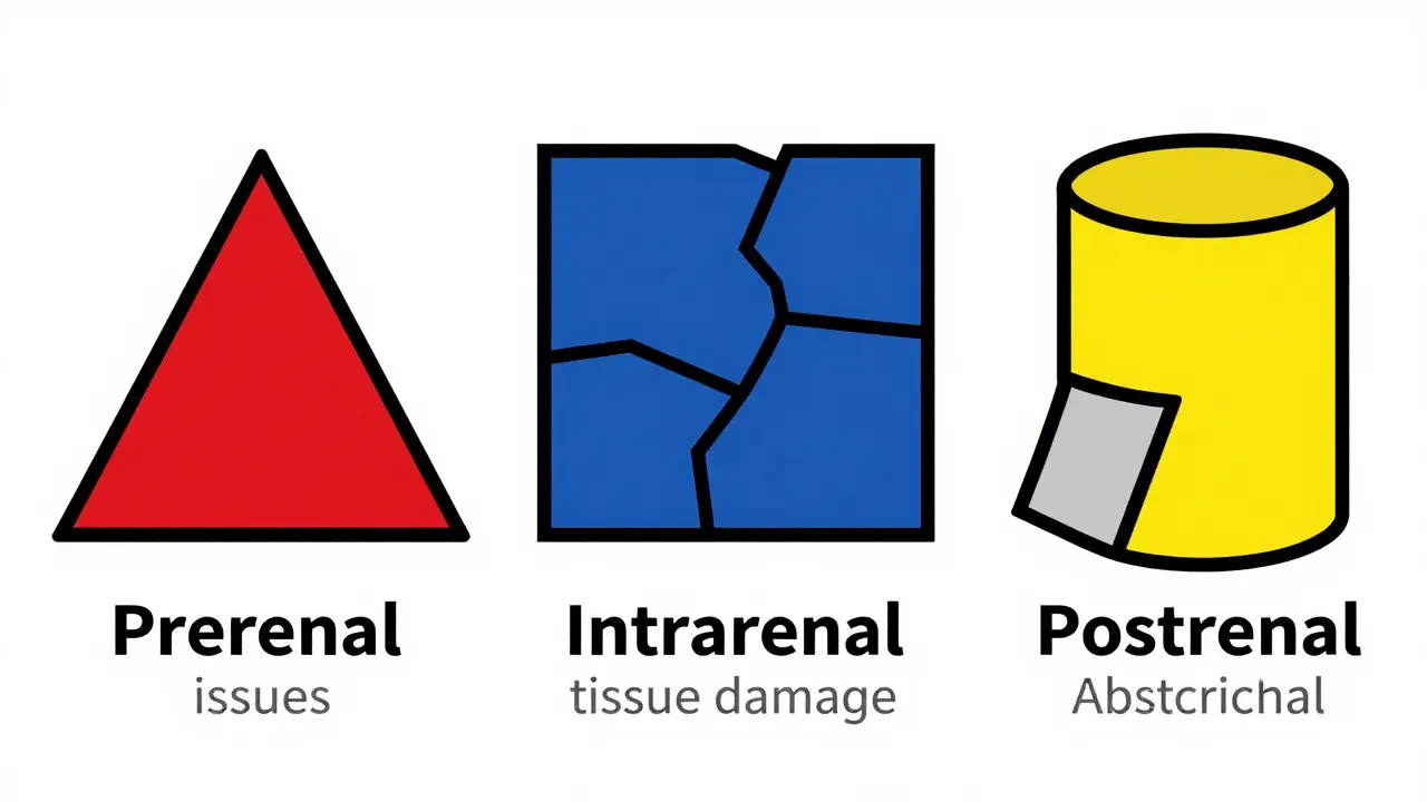 Abstract geometric shapes representing three types of kidney injury in primary colors