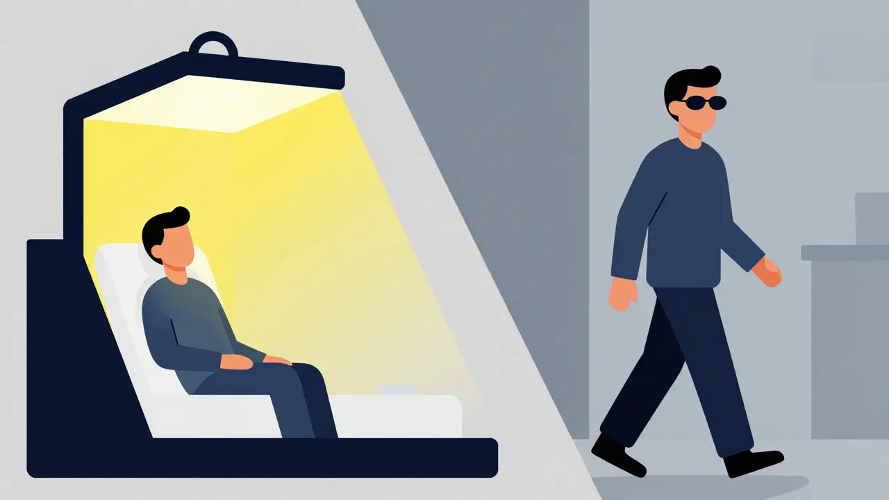 Bauhaus art showing light therapy use at work and sunglasses on commute home