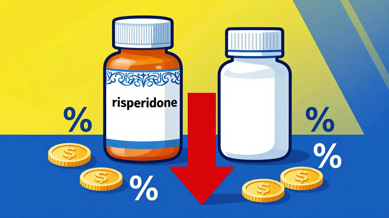 Bauhaus style graphic comparing expensive brand pills to cheap generic ones with a savings arrow