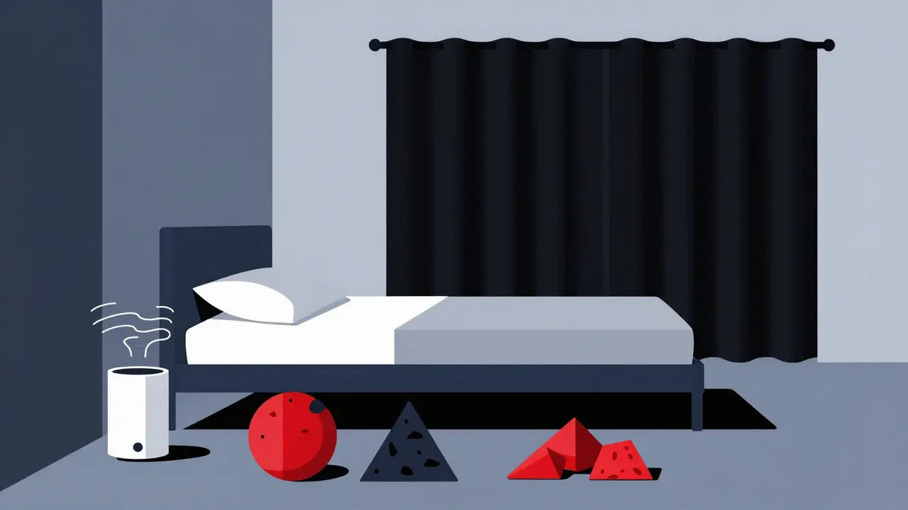 Bauhaus style image of a quiet bedroom with blackout curtains and healthy snacks