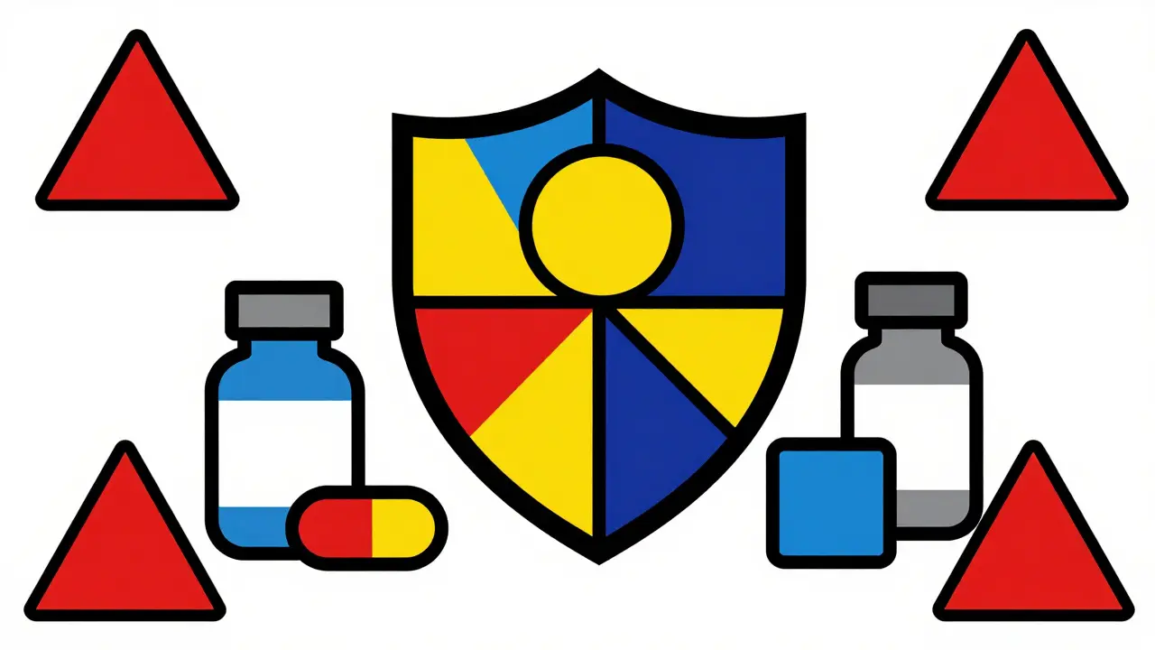 Geometric Bauhaus art showing a security shield and pills, representing safe online pharmacies