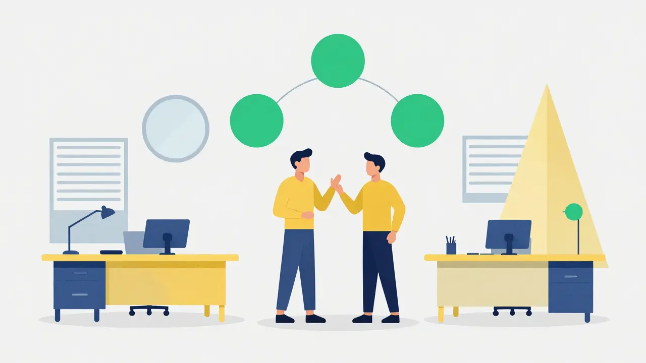 Geometric office scene with figures conversing, representing psychological safety.