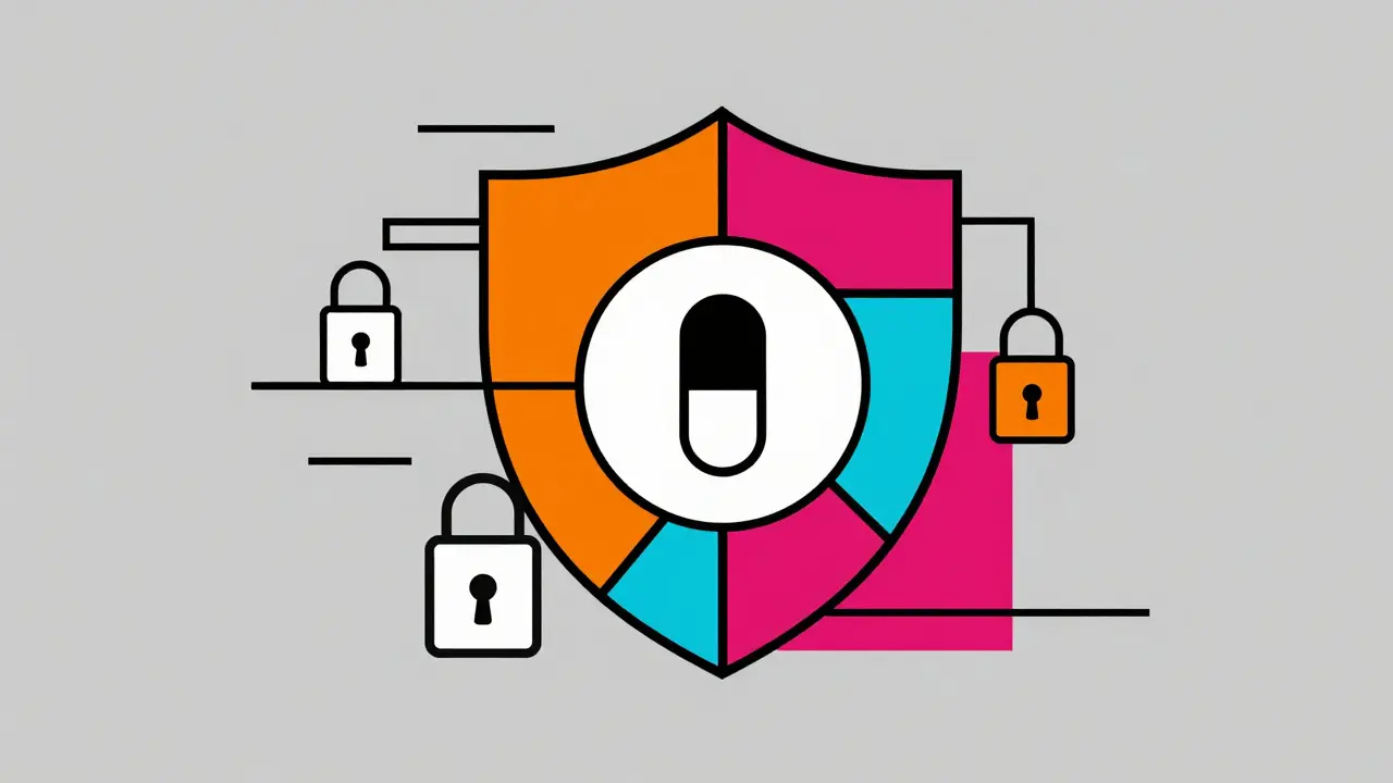 Geometric shield protecting a pill capsule, symbolizing safe and verified online pharmacy practices.