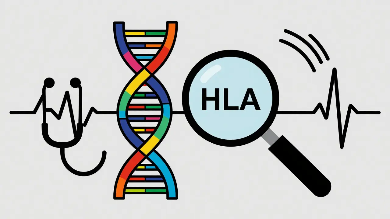 Stylized DNA helix and magnifying glass for genetic screening
