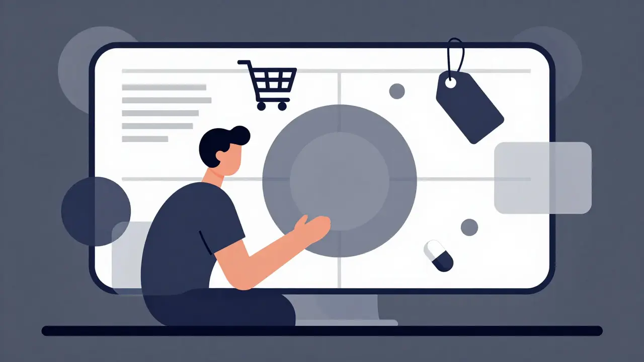 Stylized figure shopping for allergy meds online in Bauhaus art