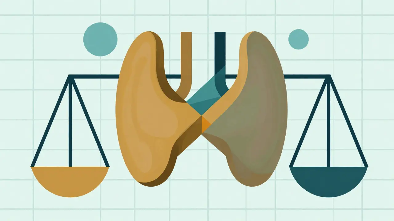 Stylized geometric thyroid gland and balancing scales representing hormone monitoring and dosage care.