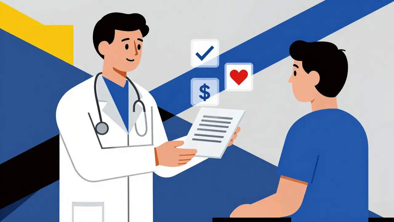 Stylized graphic of a pharmacist handing an educational guide to a patient.