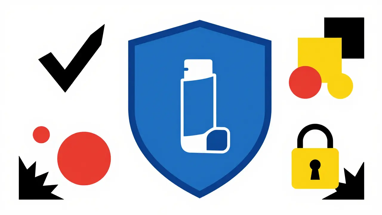 Abstract shield protecting inhaler symbolizing safe online purchase