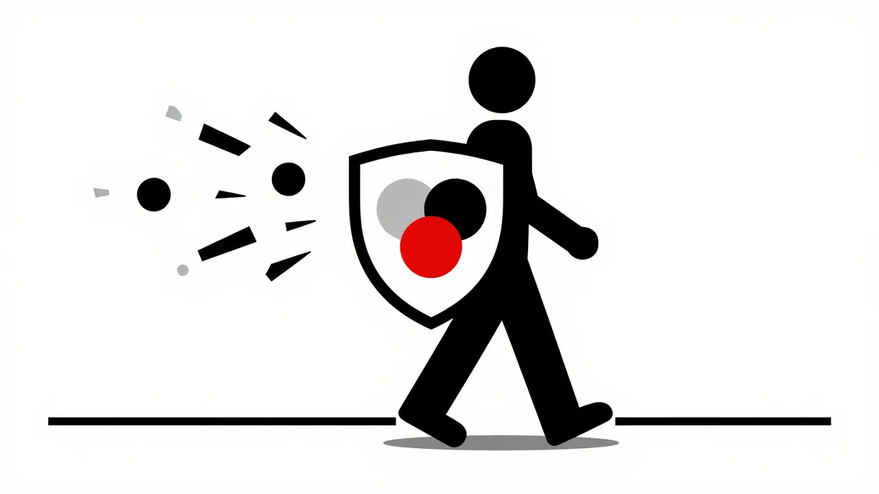 Bauhaus figure with geometric shield walking past chaos, symbolizing therapy and meds