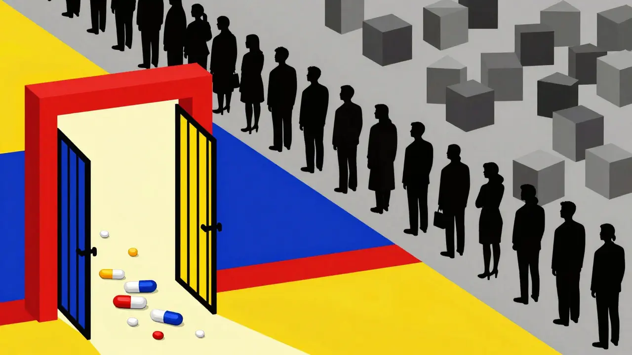 Bauhaus style graphic comparing global drug access delays