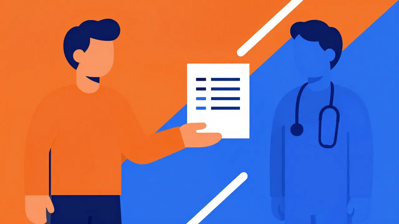 Bauhaus style graphic of two figures exchanging a document, symbolizing patient advocacy.