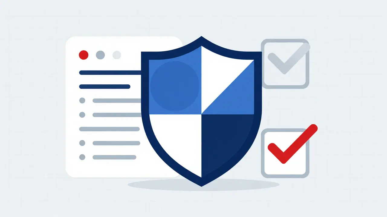 Bauhaus style shield symbolizing safe and verified online pharmacy practices