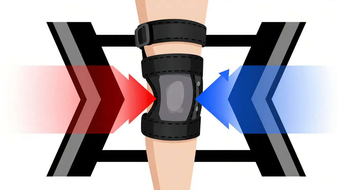 Geometric Bauhaus illustration of a knee brace shifting weight distribution