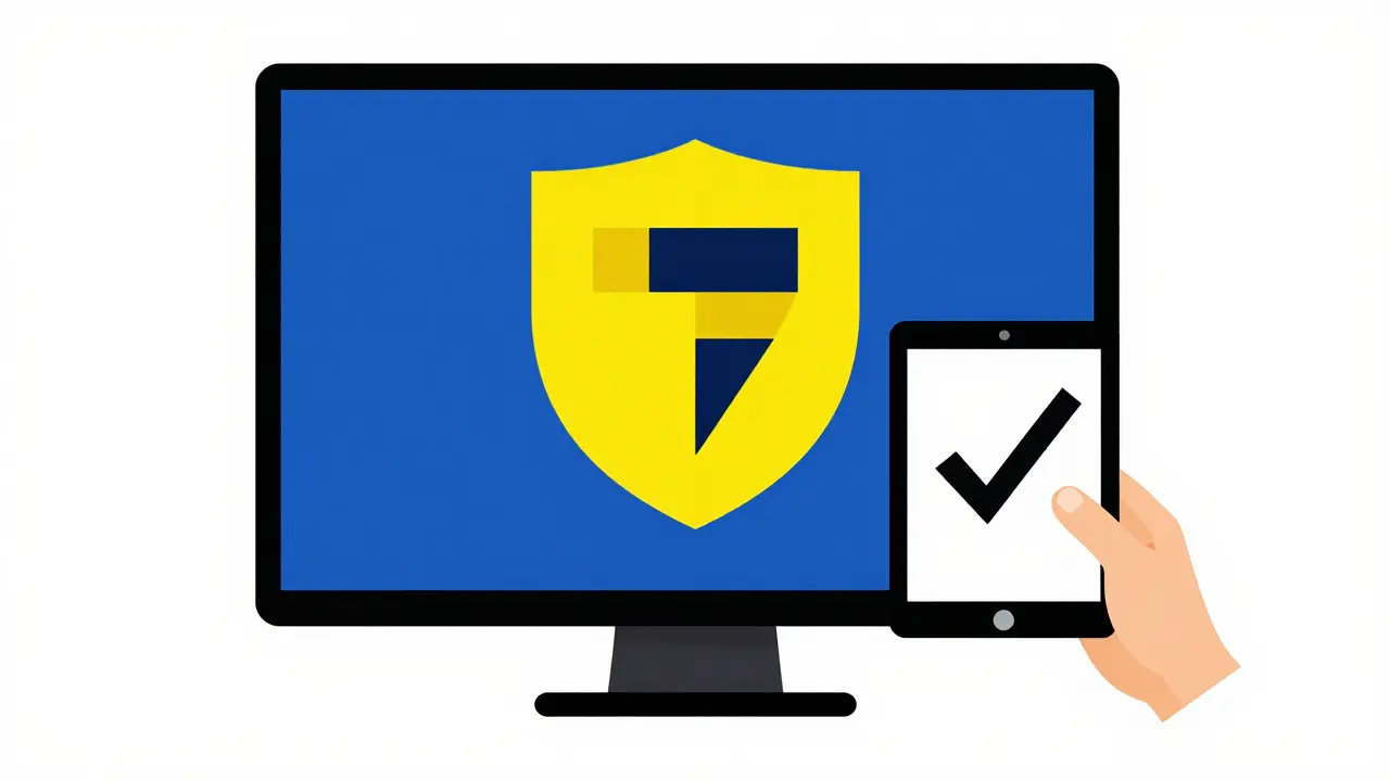 Geometric computer screen displaying a safety shield icon