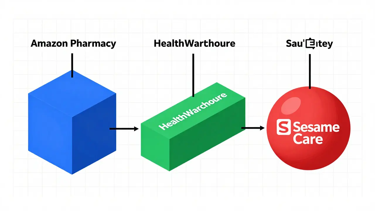 Geometric shapes comparing online pharmacy vendors in Bauhaus style