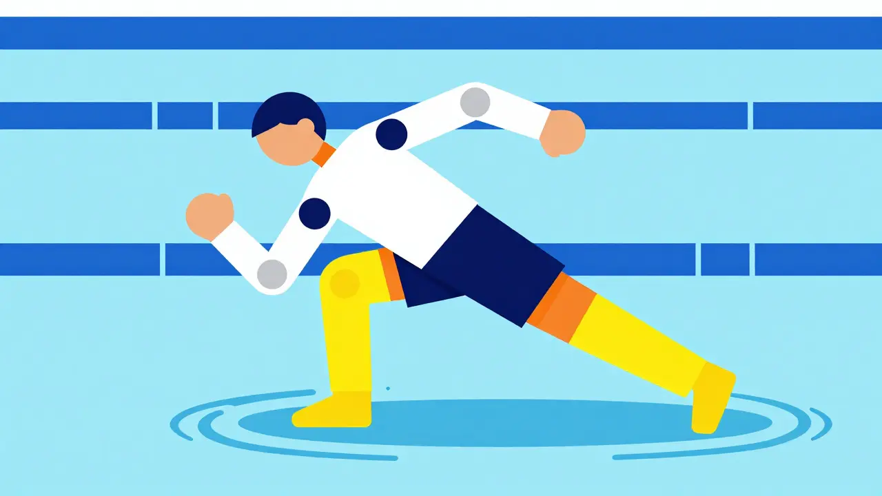 Stylized Bauhaus figure exercising in water with geometric shapes