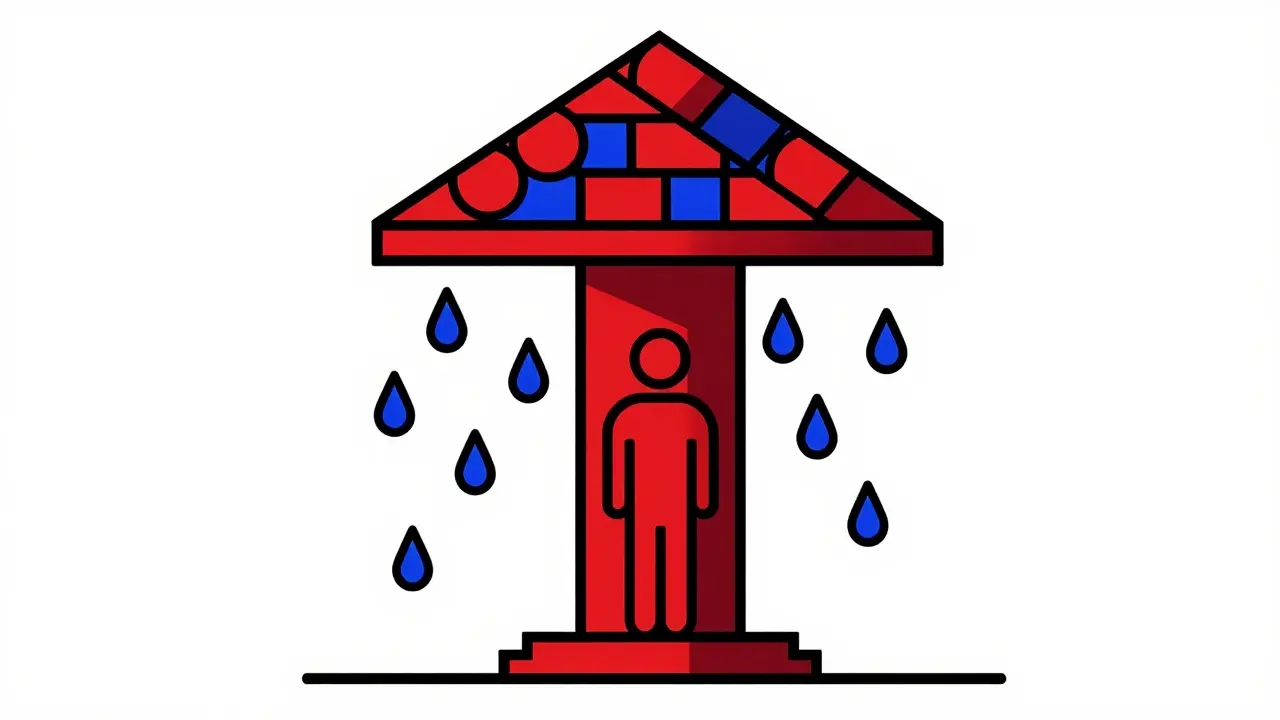 Stylized shelter protecting figure from financial burden
