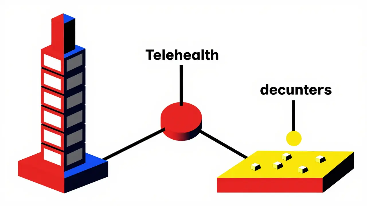 Three abstract geometric towers representing pharmacy options