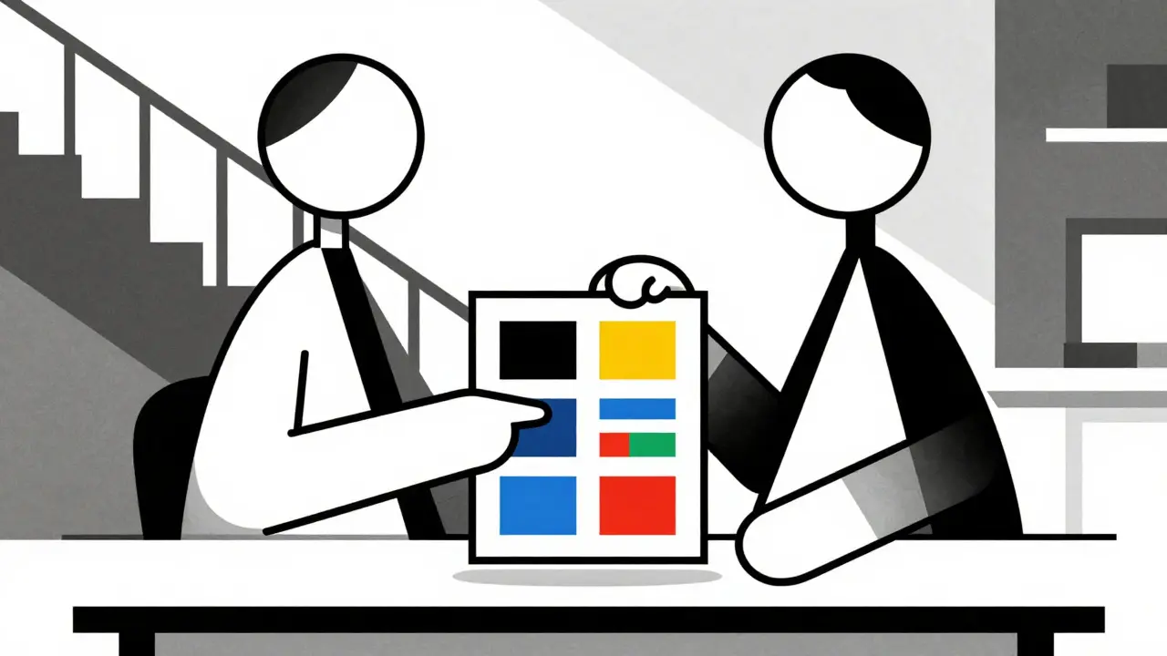 Two figures reviewing a structured health document together in a Bauhaus illustration.