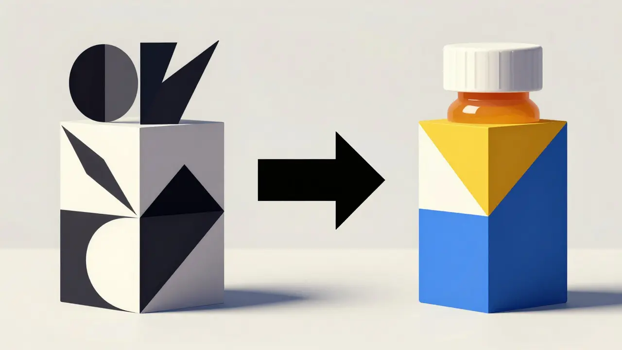Abstract Bauhaus art comparing complex brand-name drugs to simple, affordable generics.
