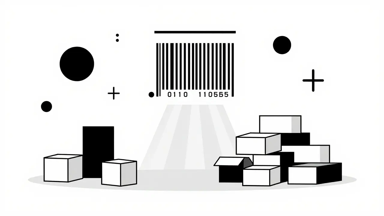 Abstract Bauhaus art showing barcode scanning and digital drug verification