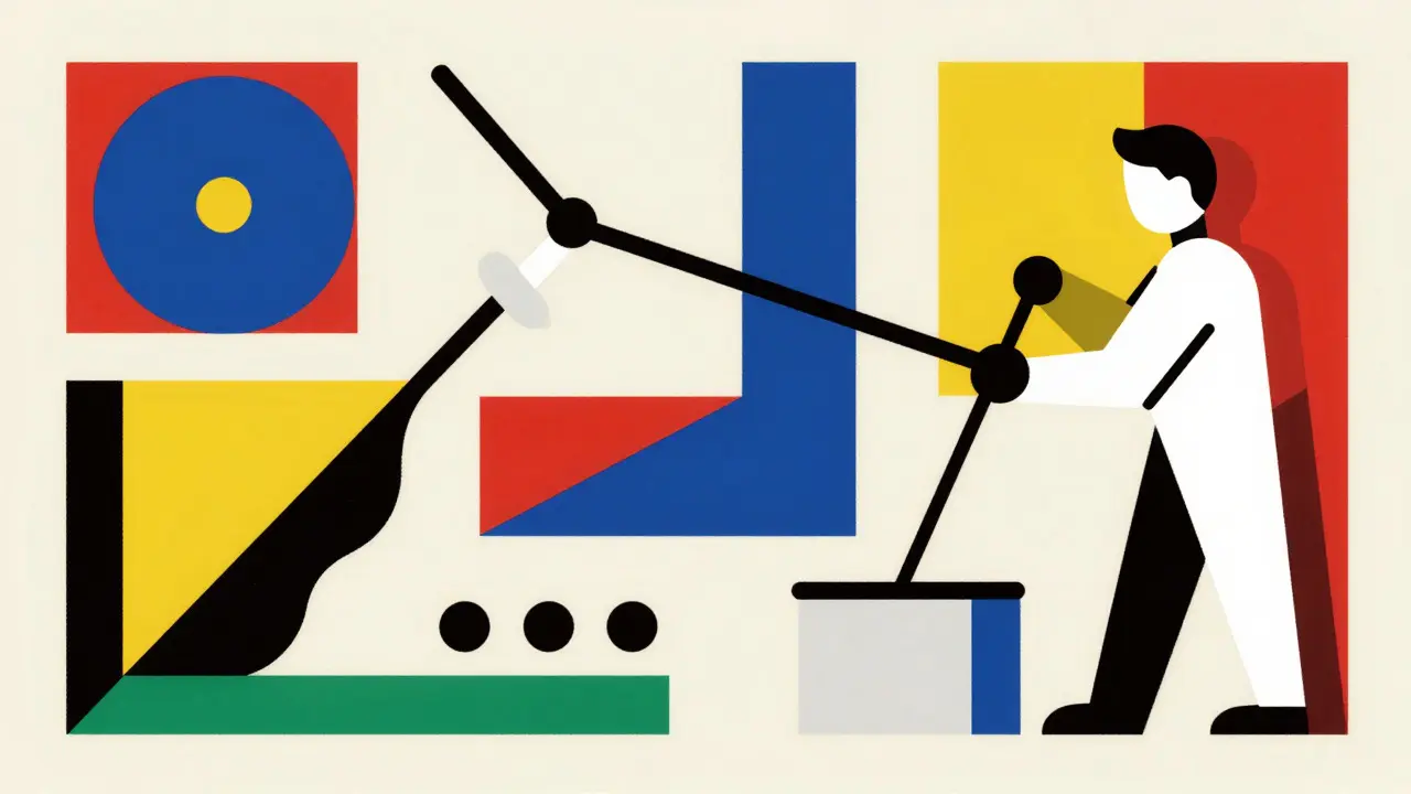 Abstract Bauhaus art showing cleaning validation processes and human interaction in a factory.