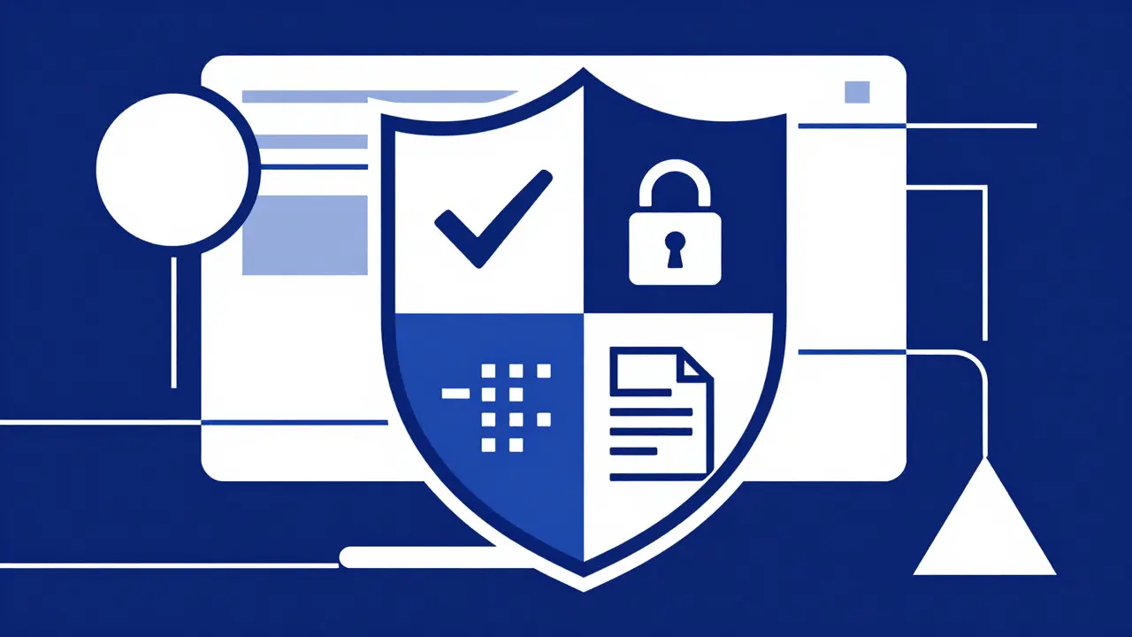 Abstract shield with checkmarks and locks symbolizing safe online pharmacy verification.