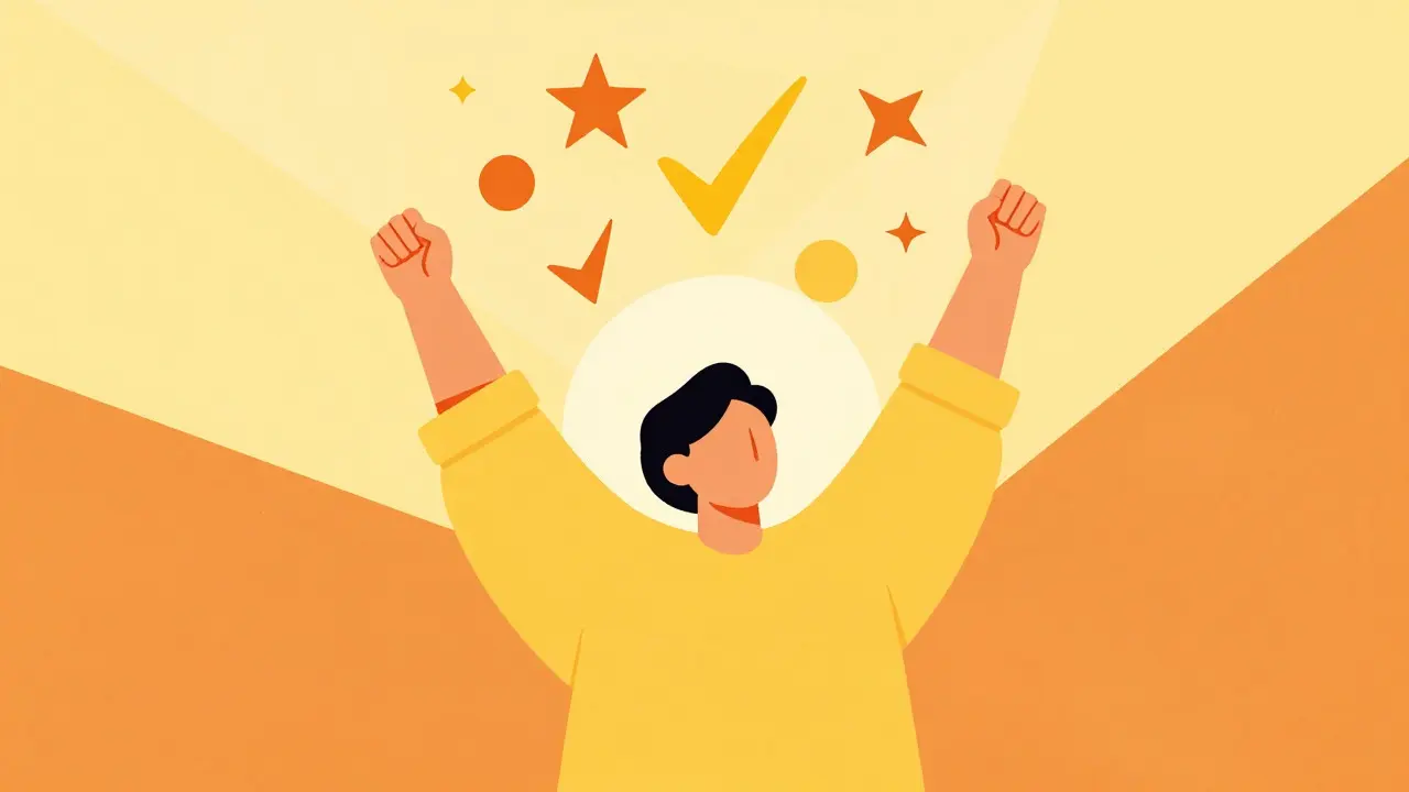 Bauhaus illustration of person celebrating with geometric shapes