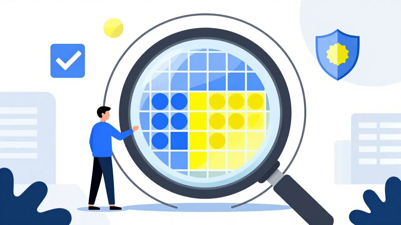 Bauhaus style illustration of a person verifying pharmacy credentials through a geometric magnifying glass.