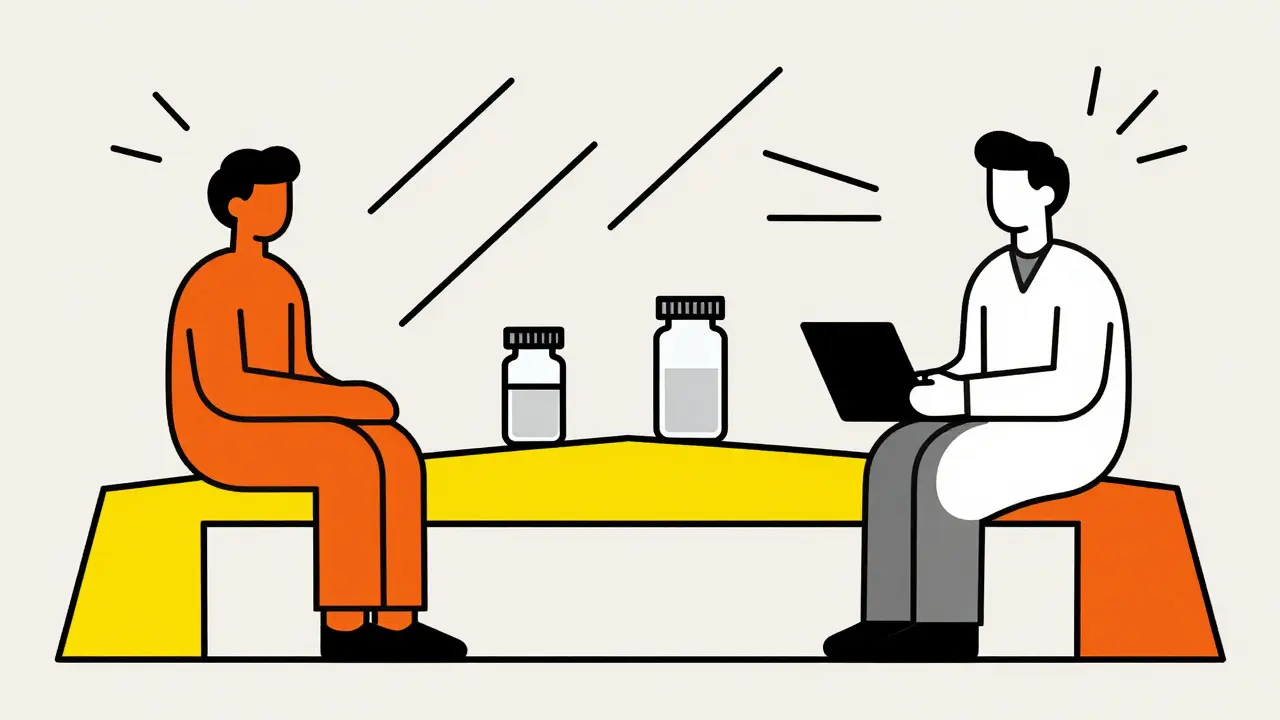 Bauhaus style image of connected figures and pills showing clear communication