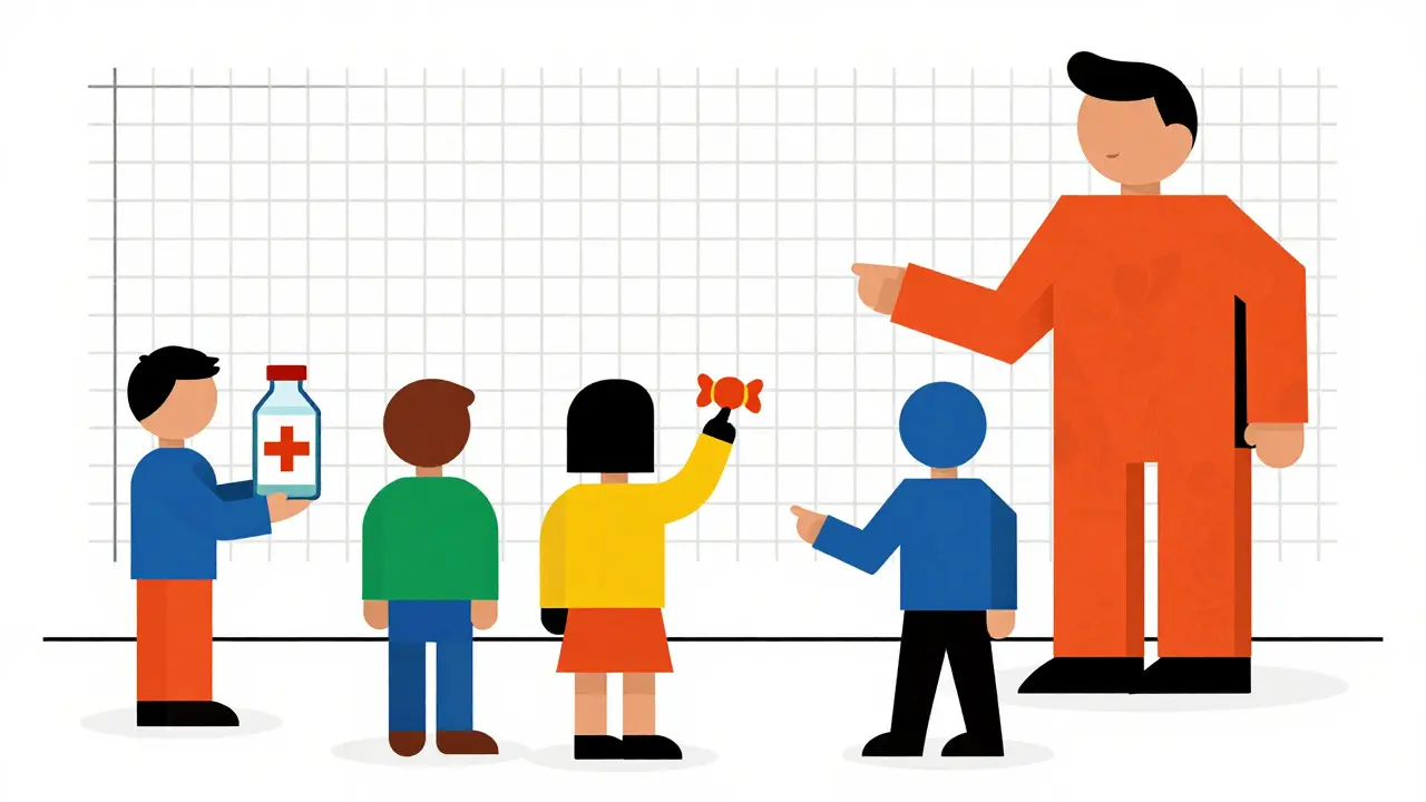 Children in geometric forms learning medicine safety in a Bauhaus classroom.