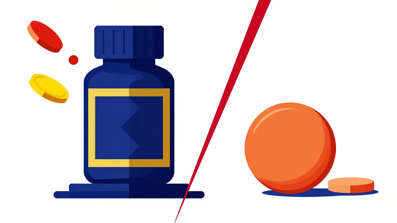 Geometric Bauhaus art comparing expensive brand pills to cheap generic tablets.