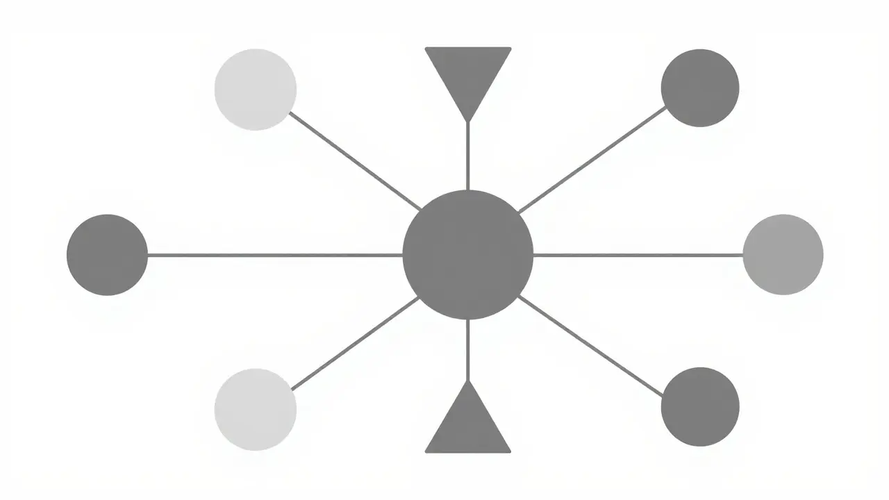 Geometric Bauhaus illustration of AI networks monitoring pharmaceutical production quality.