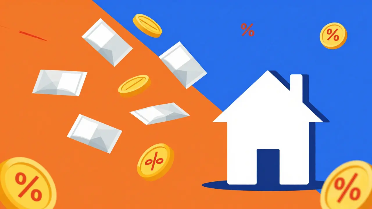 Geometric Bauhaus illustration of medicine packages and coins representing affordable delivery.