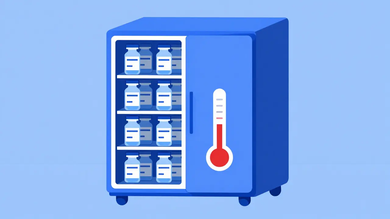 Stylized Bauhaus depiction of temperature-controlled pharmaceutical storage