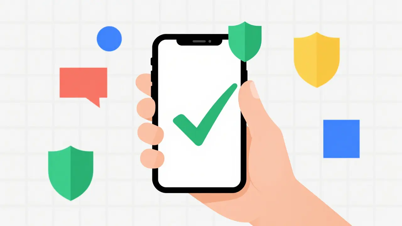 Stylized Bauhaus drawing of a hand holding a phone with security symbols.