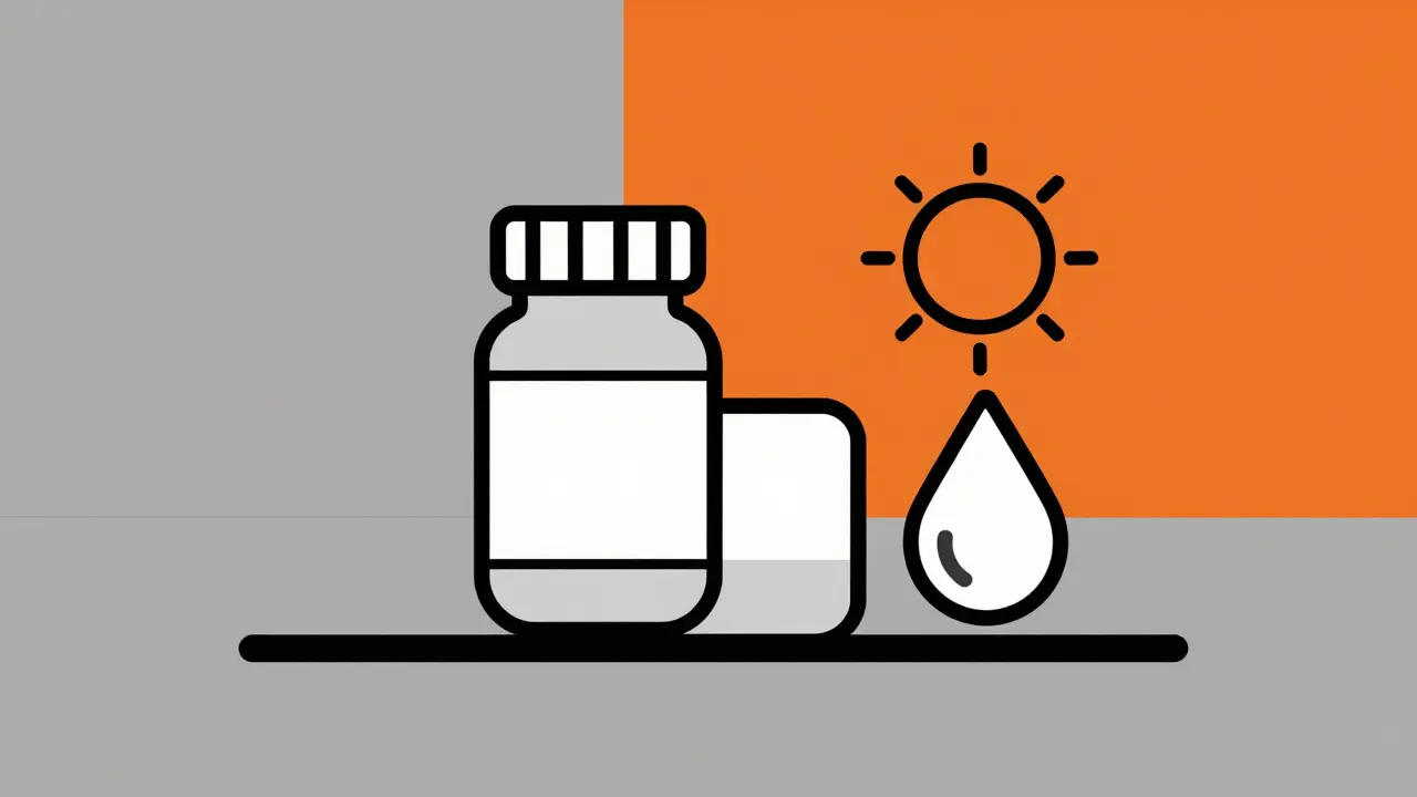 Stylized Bauhaus image of a pill bottle and icons for safe storage conditions.
