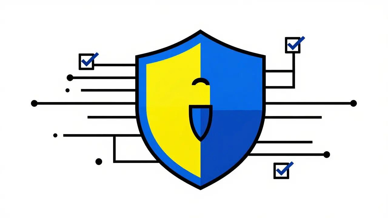 Stylized Bauhaus shield icon representing secure and verified online pharmacy practices.