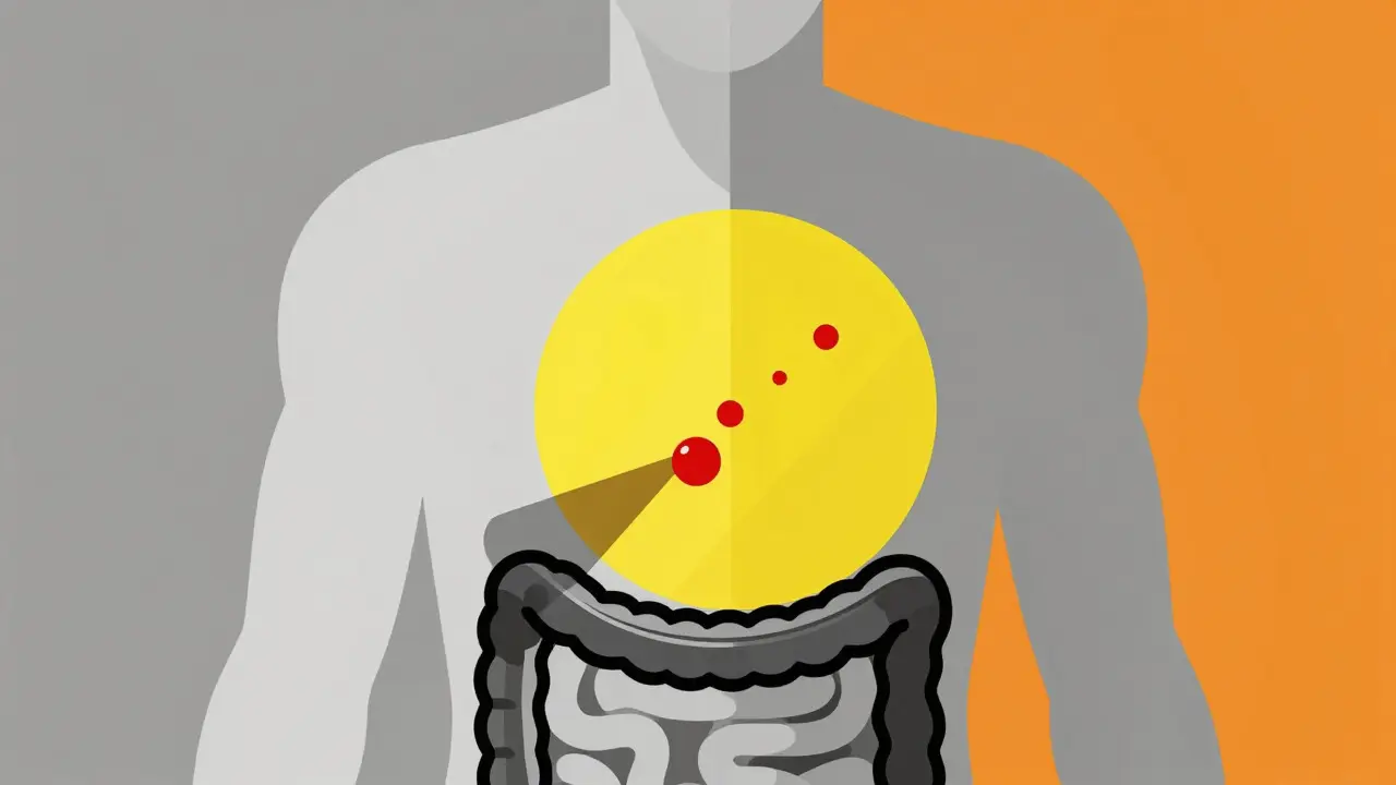 Stylized human figure showing medication absorption with food using geometric shapes.