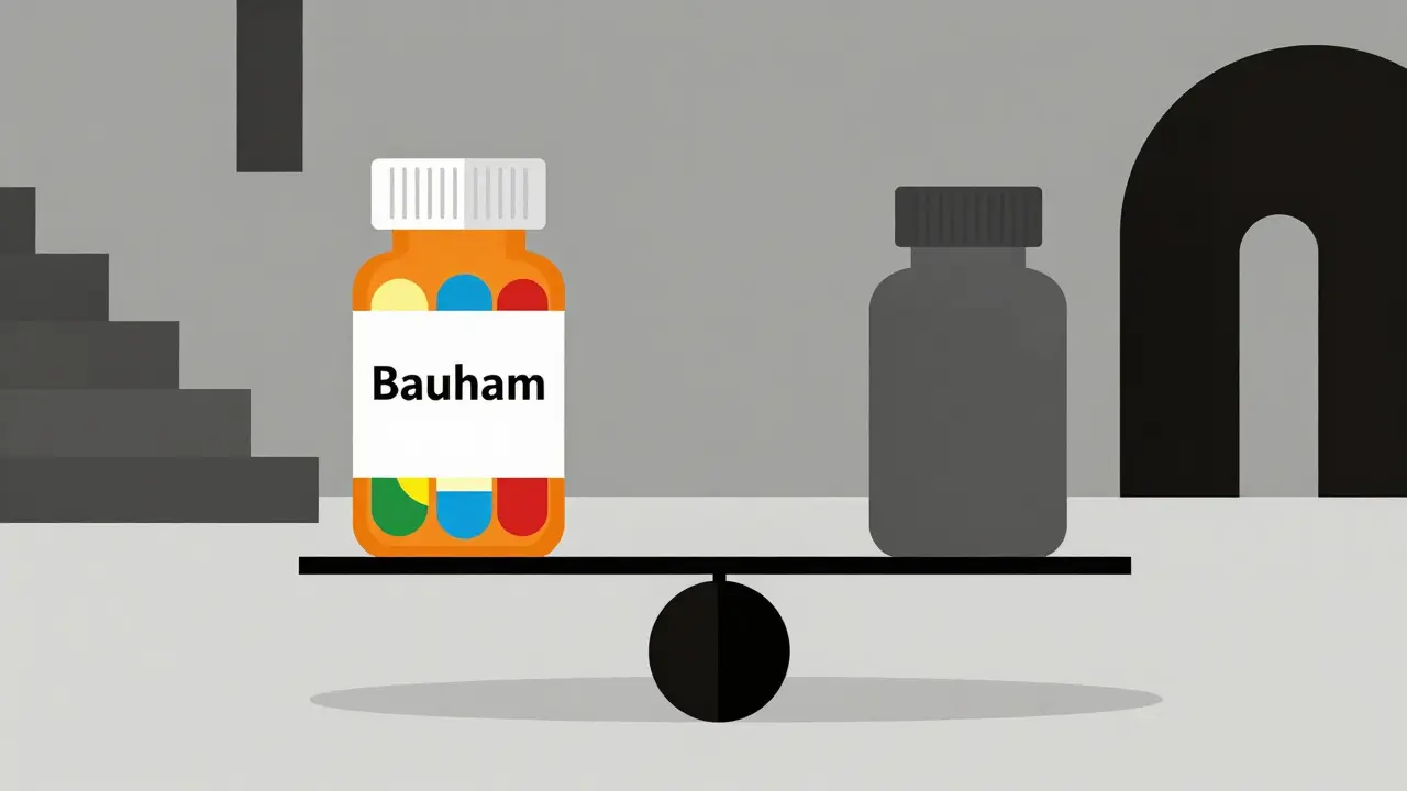 Abstract art comparing brand and generic pills on a balanced scale