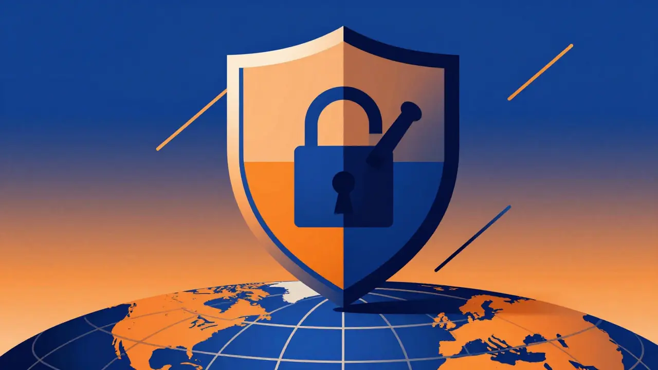 Stylized shield and globe symbolizing verified online pharmacy safety